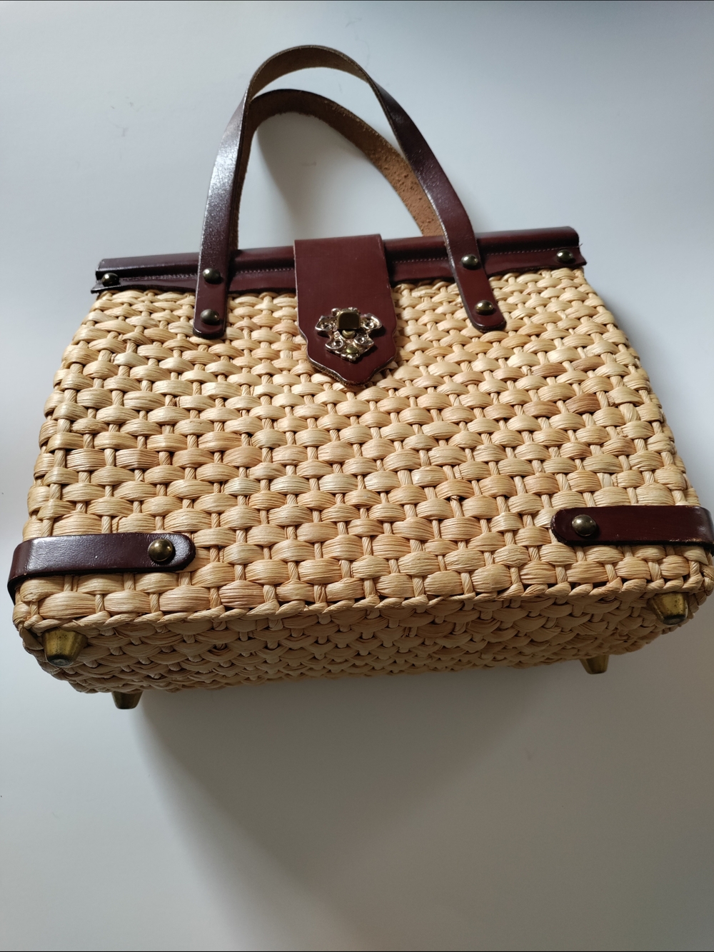 John Romain Woven Straw  Satchel with Brown Leather Trim Vintage Purse